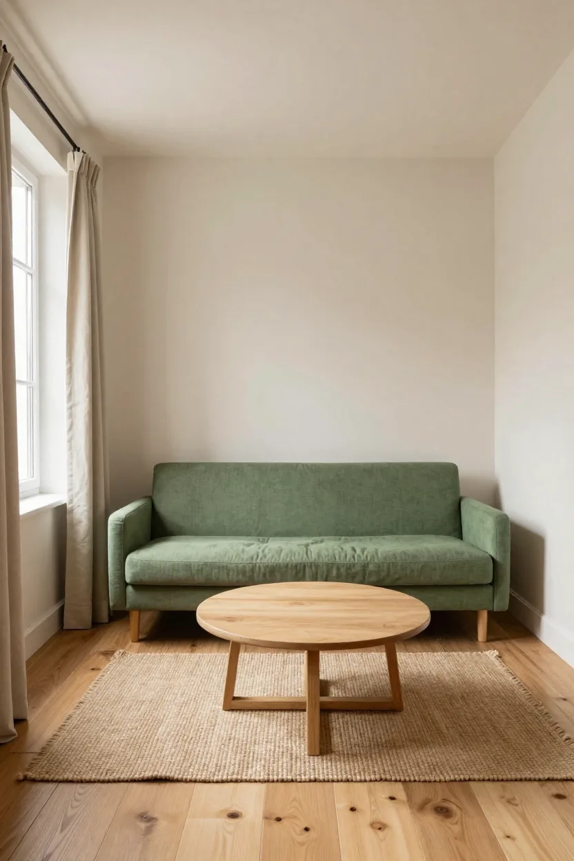 Small living room with cream plaster walls, a sage green fabric sofa, round oak coffee table, jute rug and a tall window with sheer linen curtains
