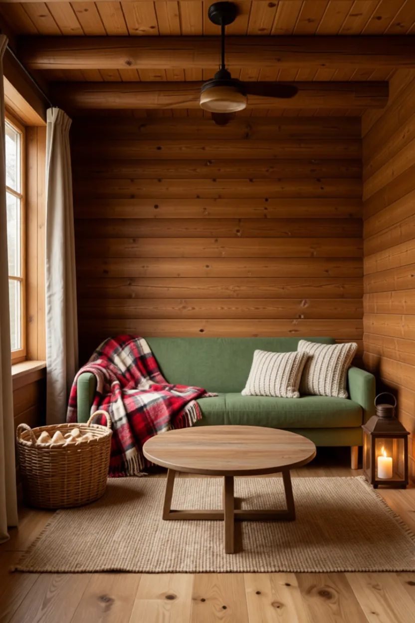 Cozy cabin fall living room with red plaid wool blankets, a log basket, a lantern and warm wood walls