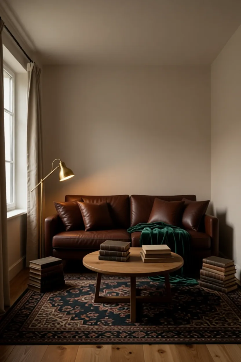 Dark academia fall living room with brown leather-look cushions, a green velvet throw, a brass lamp and stacked old books