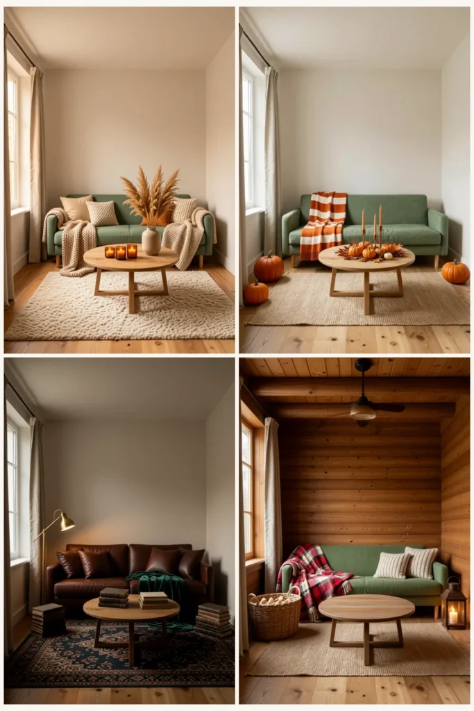 Fall living room decor in four looks: warm neutral, terracotta harvest, dark academia and cozy cabin versions of the same room
