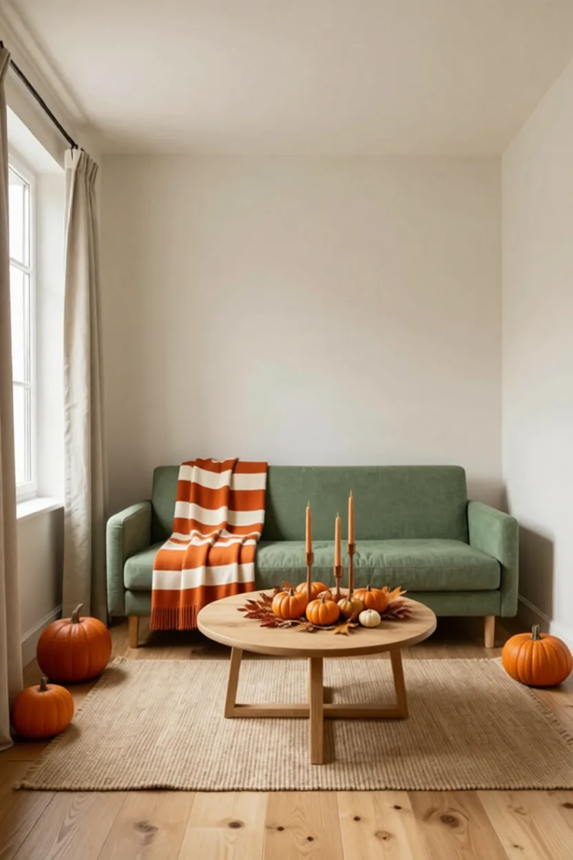 Terracotta harvest living room with rust textiles, an orange striped throw, copper candle holders and mini pumpkins