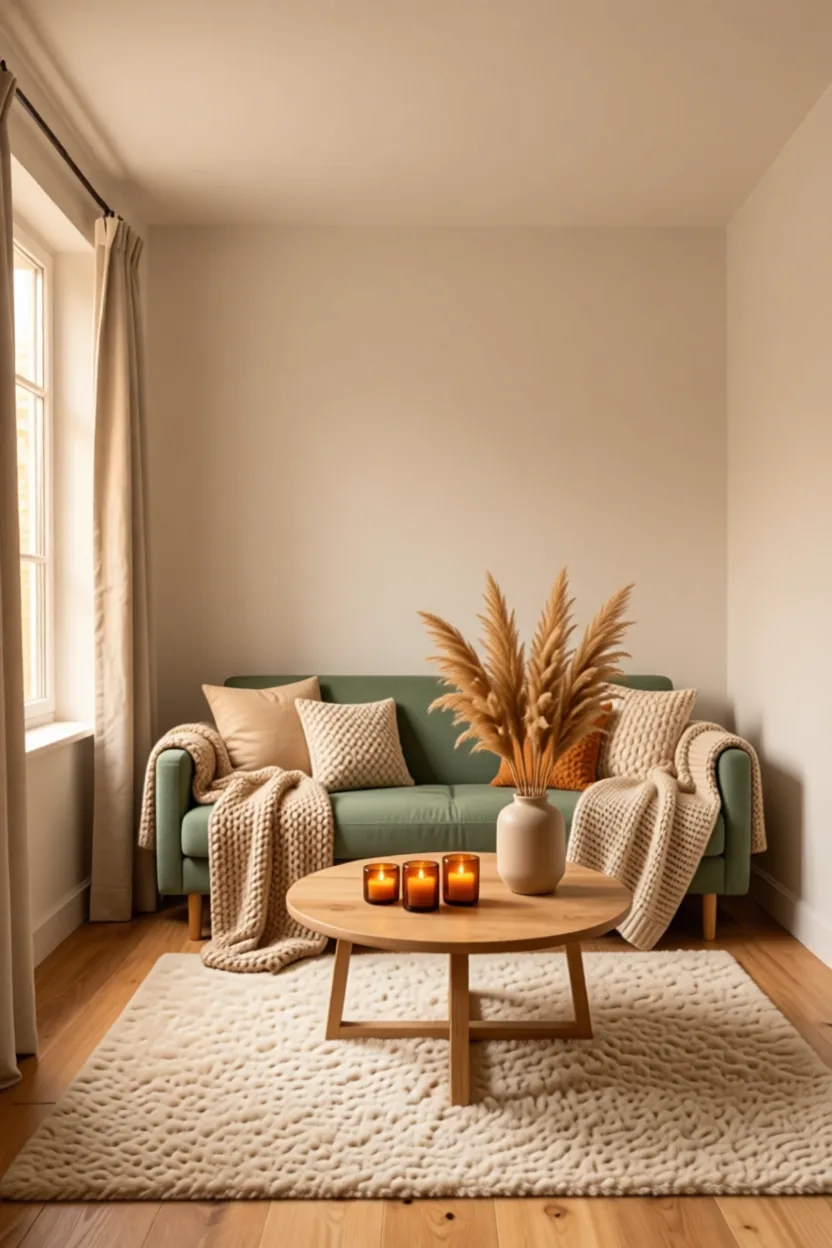 Warm neutral fall living room with cream chunky knit throws, pampas grass in a ceramic vase and amber candle holders
