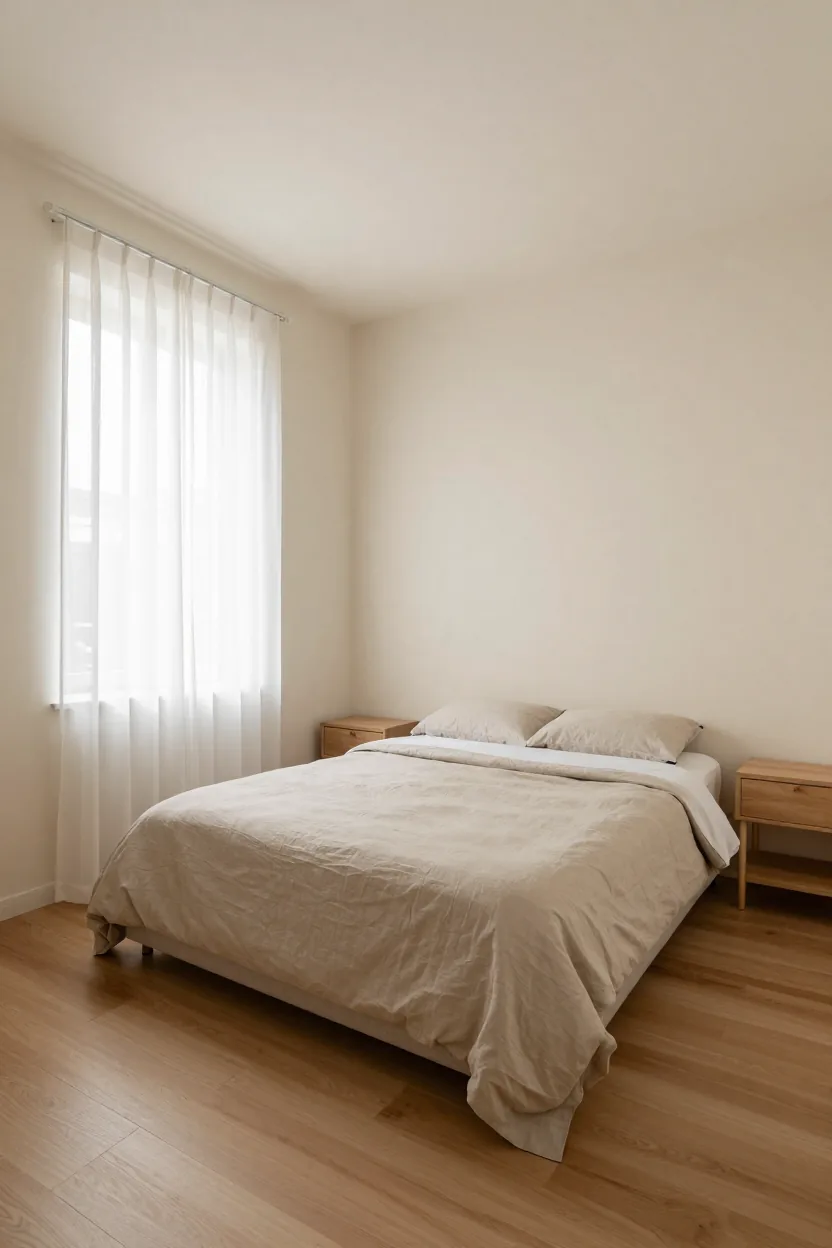 Small rental bedroom with cream walls, an upholstered bed with oatmeal linen bedding, two light oak nightstands and a tall window with sheer curtains