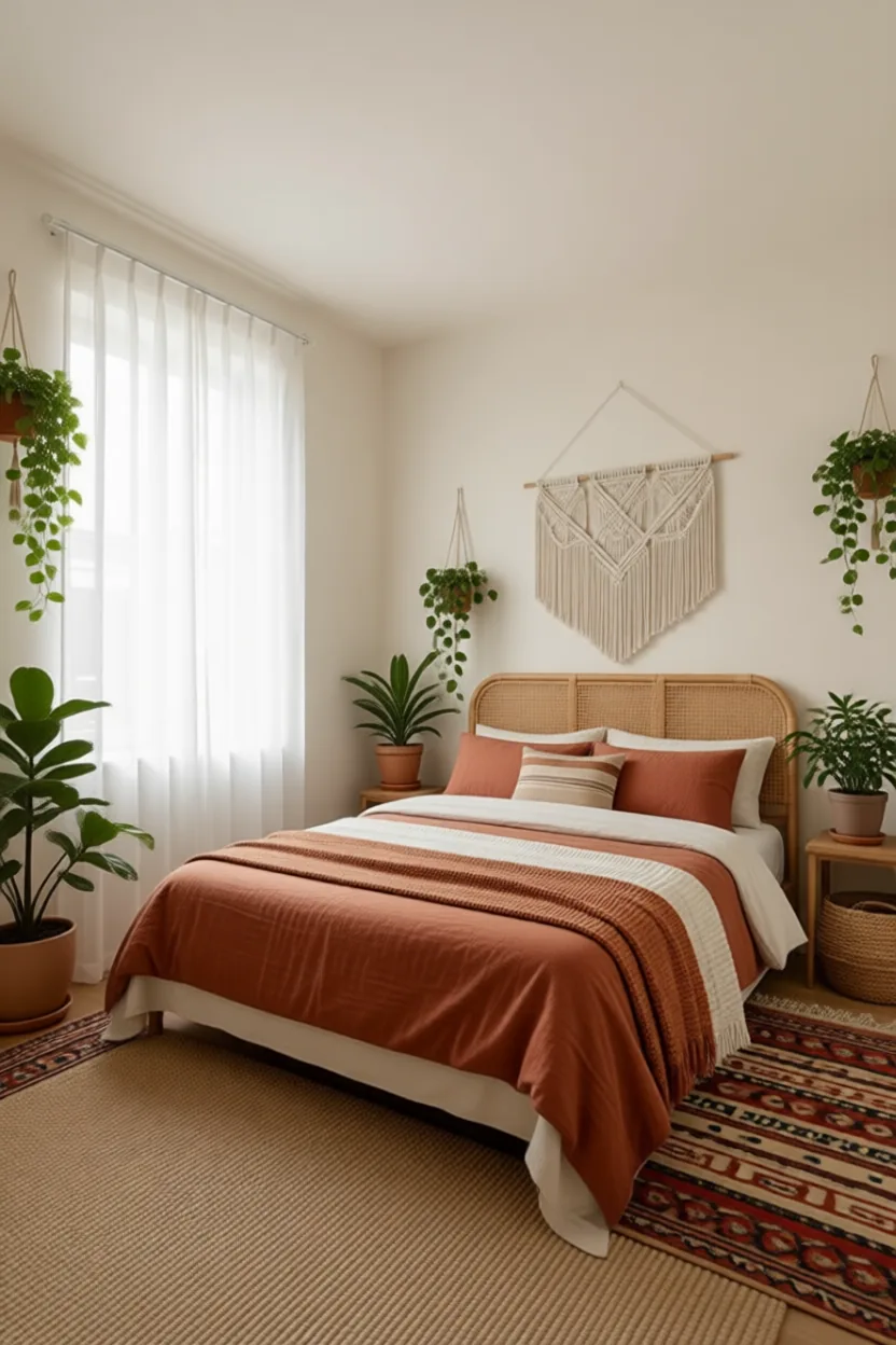 Boho bedroom with a rattan headboard, terracotta bedding, macrame wall hanging and layered rugs