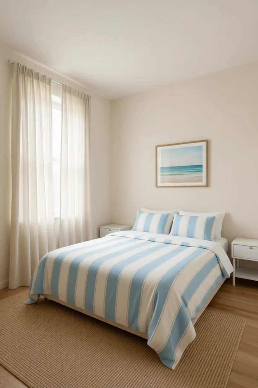 Coastal bedroom with white and light blue striped bedding, whitewashed nightstands and a seagrass rug
