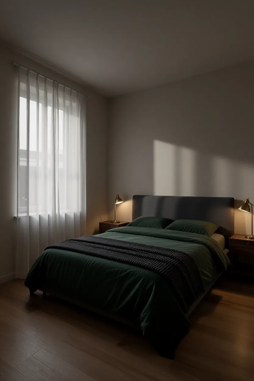 Dark and moody bedroom with a charcoal upholstered bed, deep green bedding and brass table lamps