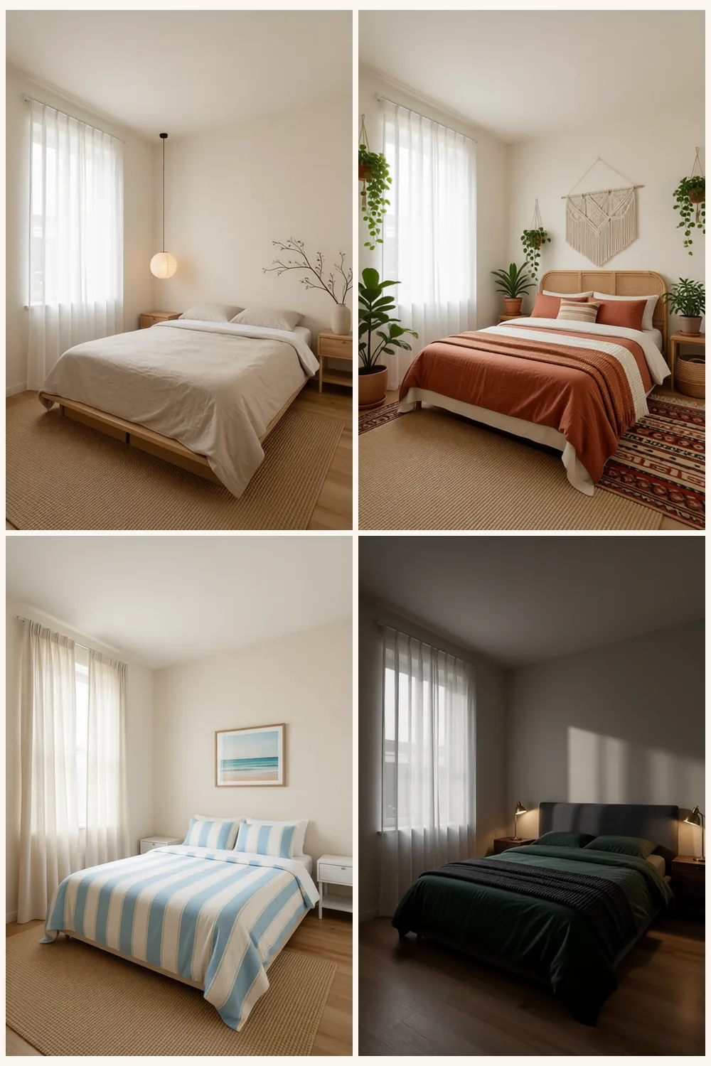 Four bedroom decor styles of the same room in a 2x2 collage: Japandi with a low oak bed, boho with a rattan headboard, coastal with striped blue and white bedding, dark and moody with a charcoal bed and brass lamps