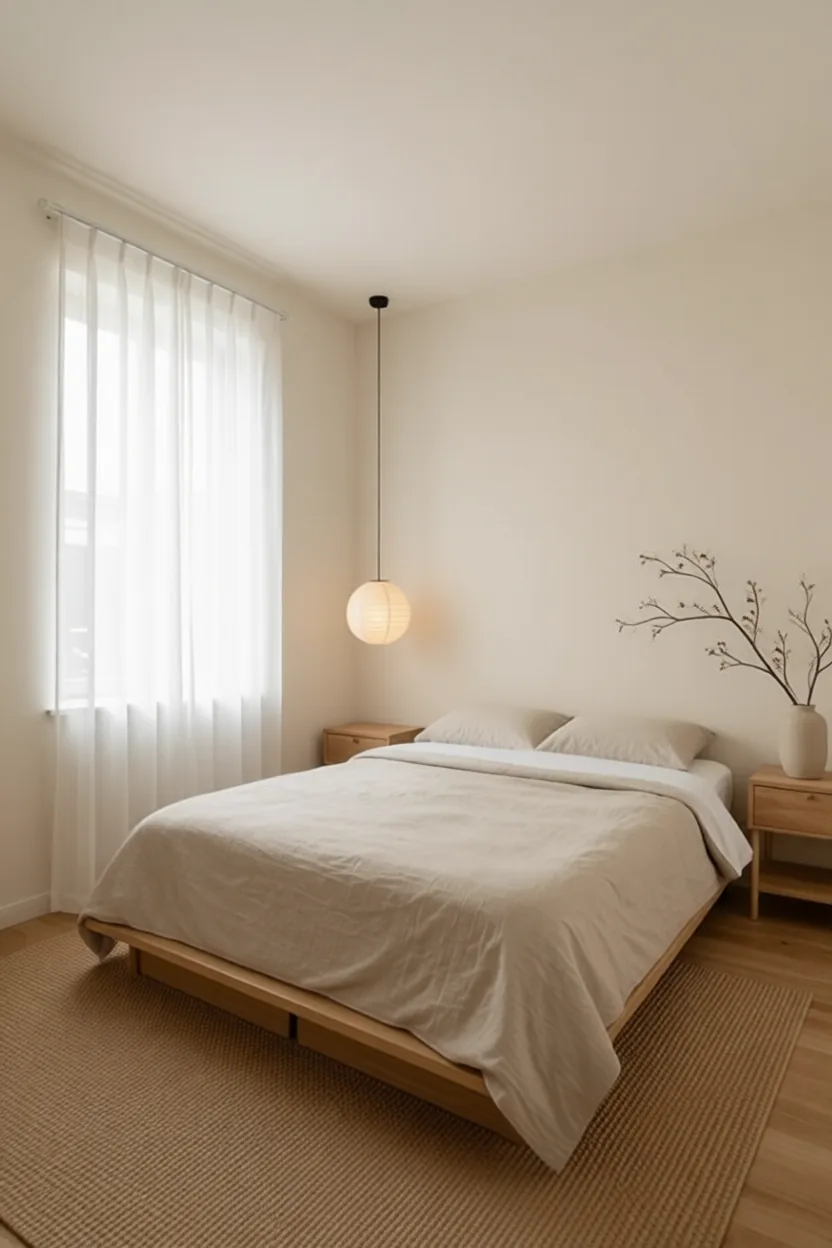 Japandi bedroom with a low oak platform bed, oatmeal linen bedding and a paper lantern pendant