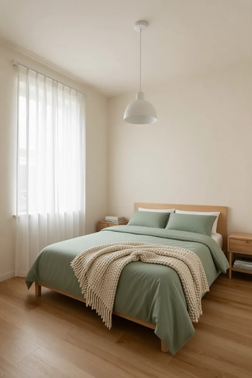 Scandinavian bedroom with white and sage green bedding, light wood furniture and a chunky wool throw
