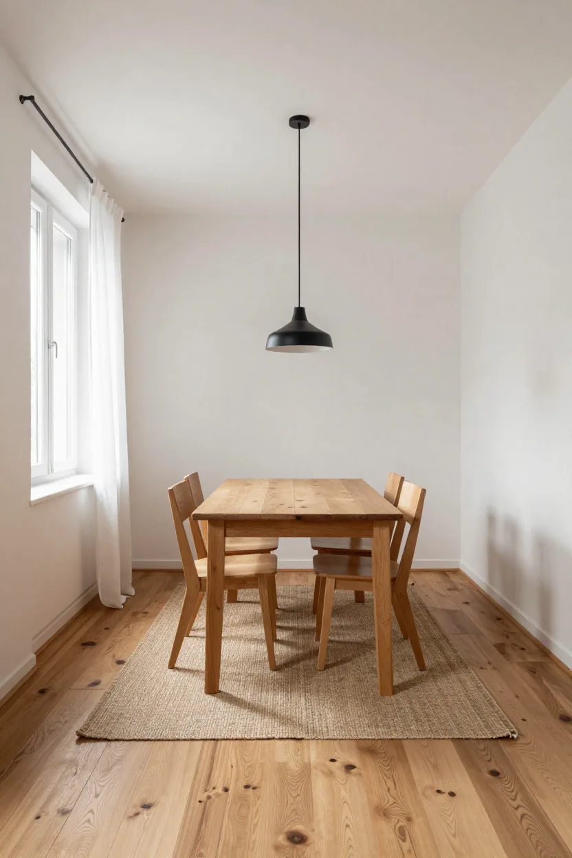 Small rental dining room with warm white walls, light oak table, four wooden chairs, slim black pendant and jute rug