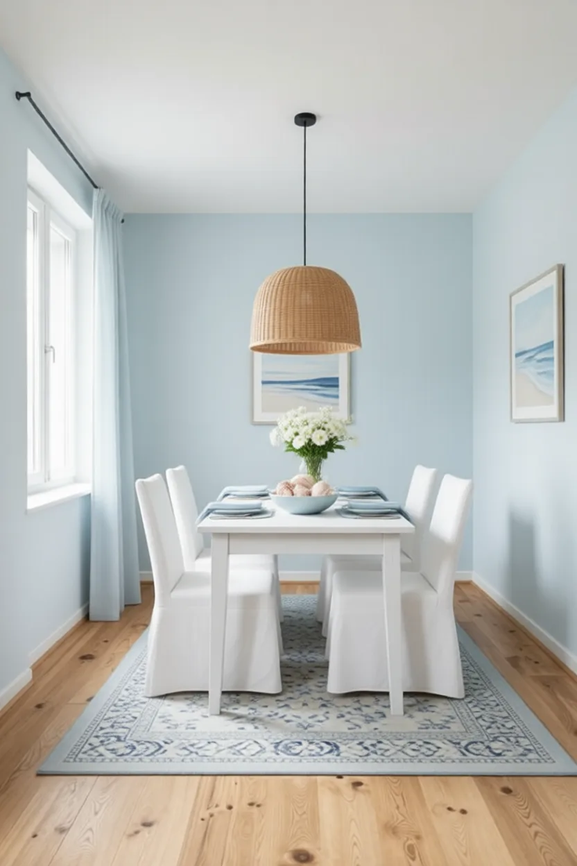 Coastal dining room with pale blue walls, rattan pendant and white slipcovered chairs