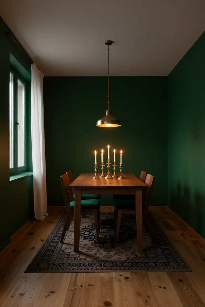 Dark and moody dining room with forest green walls, brass candlesticks and velvet cushions