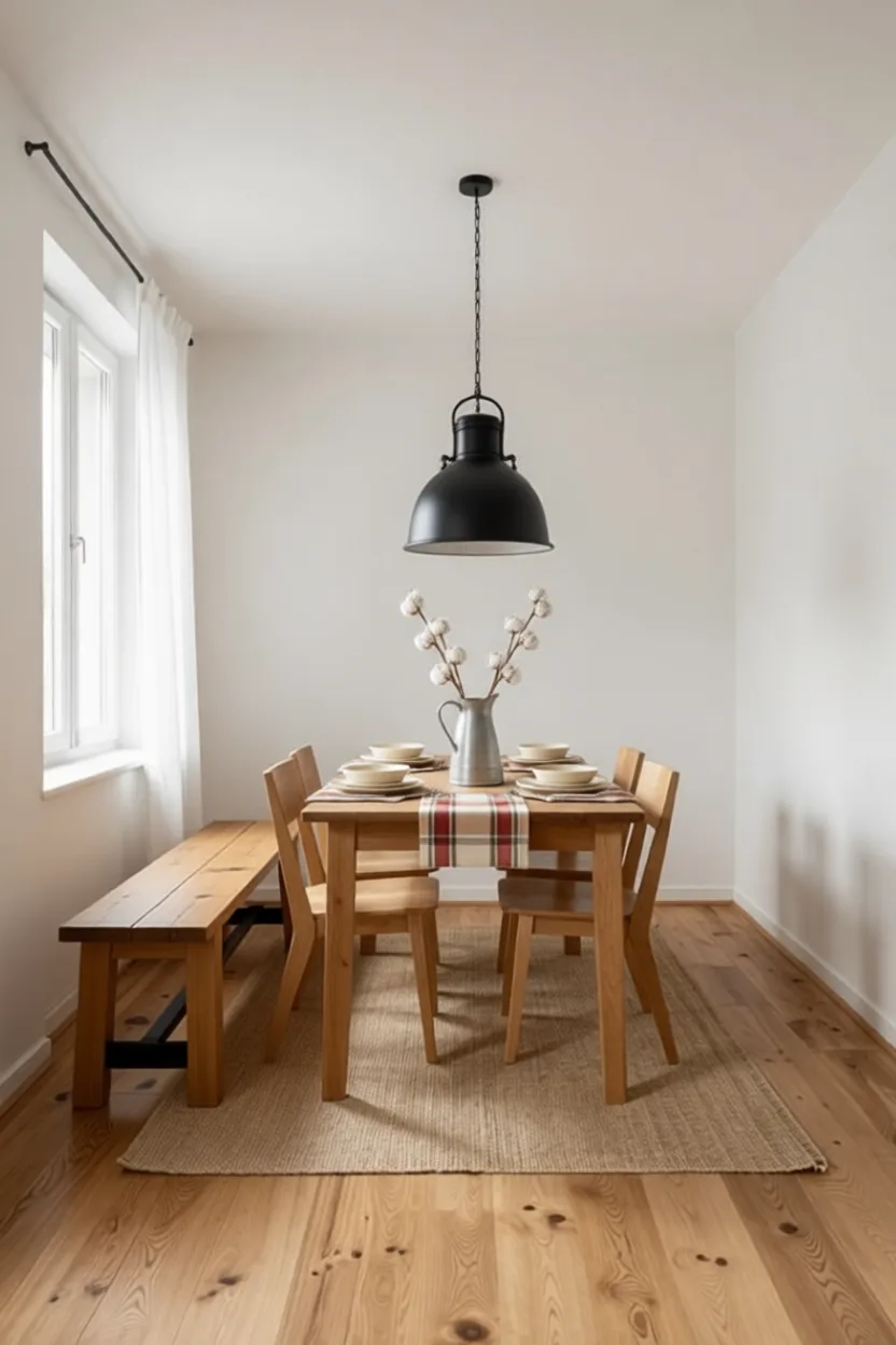 Modern farmhouse dining room with black barn pendant, wooden bench and plaid napkins