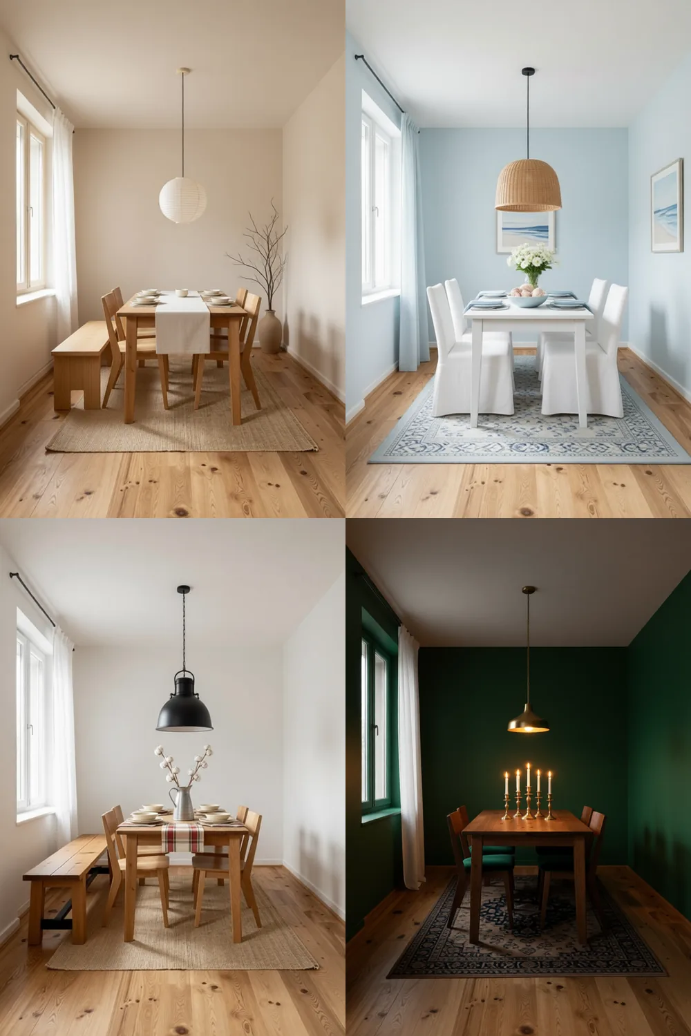 Dining room decor ideas shown as a 2x2 collage of one small rental room in Japandi, coastal, modern farmhouse and dark moody looks