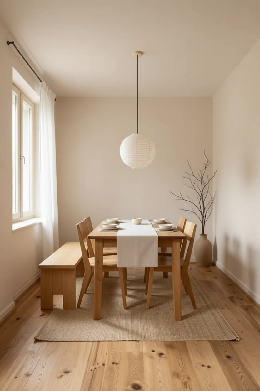 Japandi dining room with paper lantern pendant, linen runner and wooden bench