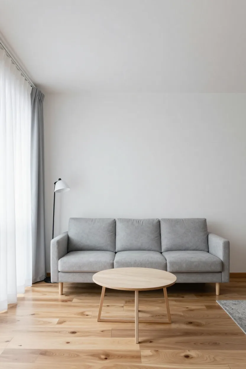 Small rental living room with white walls, a light gray sofa, round wood coffee table and a tall window with sheer curtains
