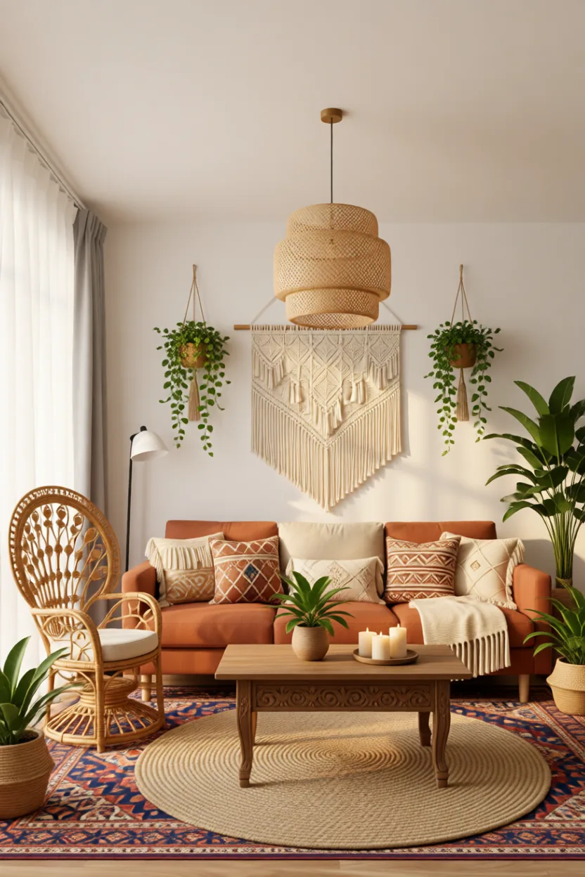 Boho living room with a terracotta sofa, rattan peacock chair and layered rugs