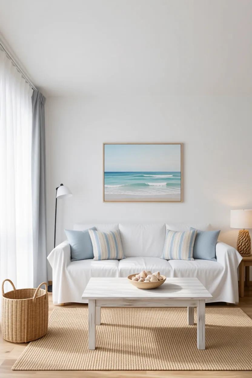 Coastal living room with a white slipcovered sofa, seagrass rug and framed ocean photo