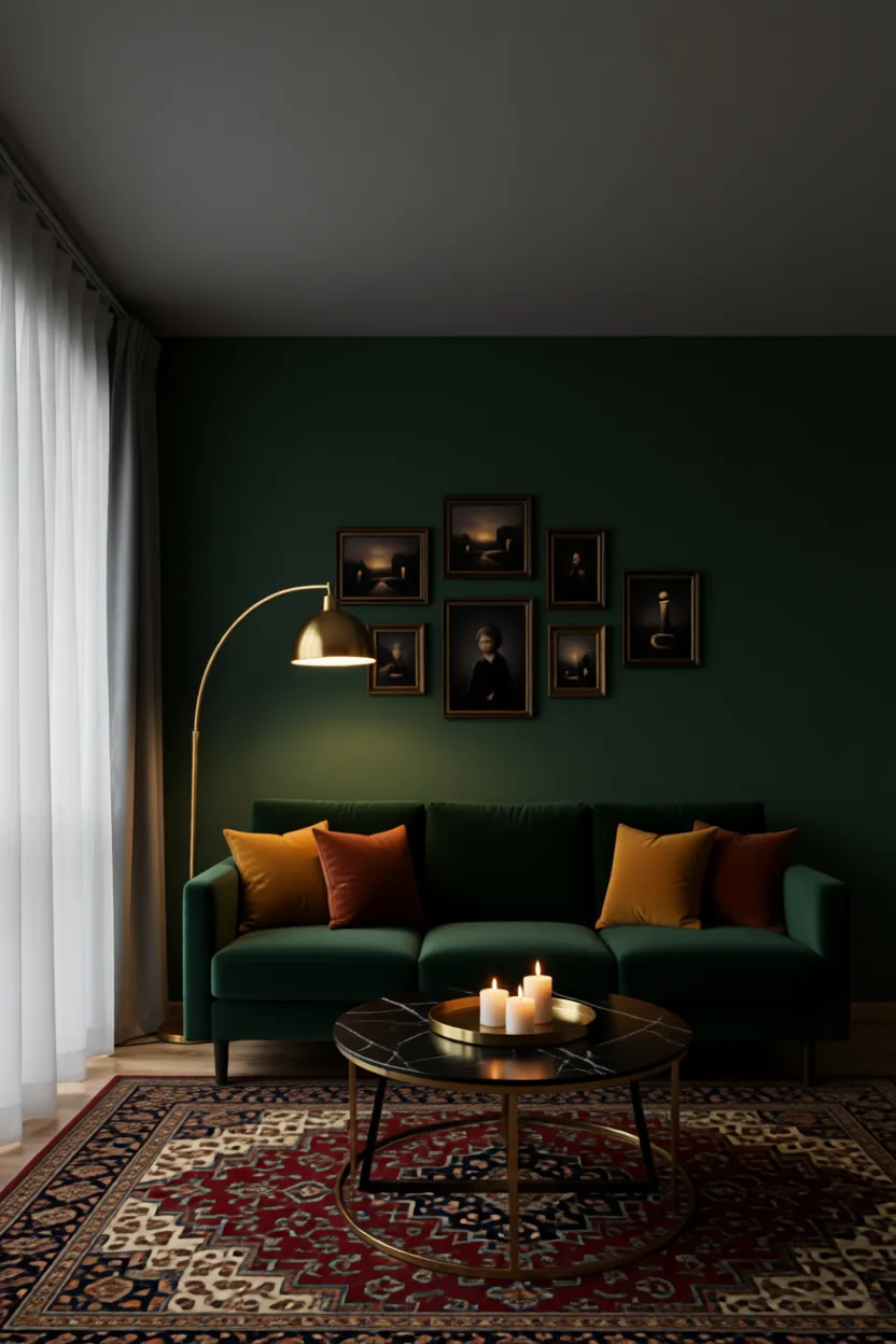 Dark and moody living room with forest green walls and a green velvet sofa