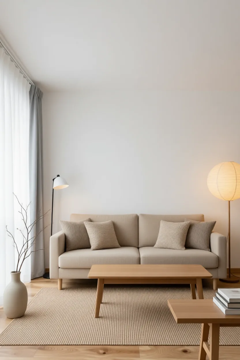 Japandi living room with a beige linen sofa, low oak coffee table and paper lantern floor lamp