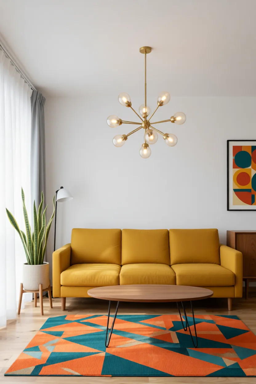 Mid-century modern living room with a mustard sofa, walnut sideboard and brass sputnik pendant