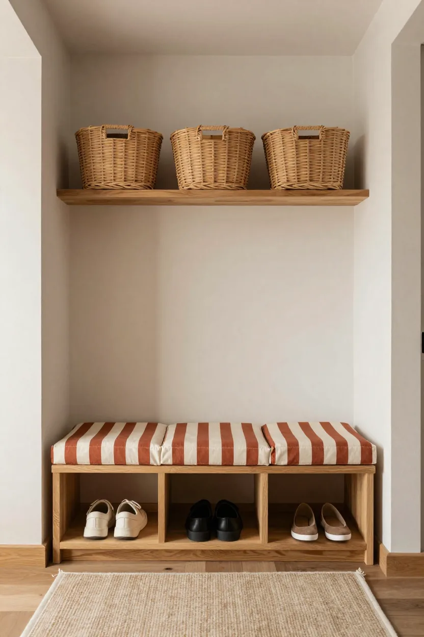 Light wooden bench with shoe-storage cubbies, a cream-and-rust striped cushion and a row of woven baskets on a slim shelf above