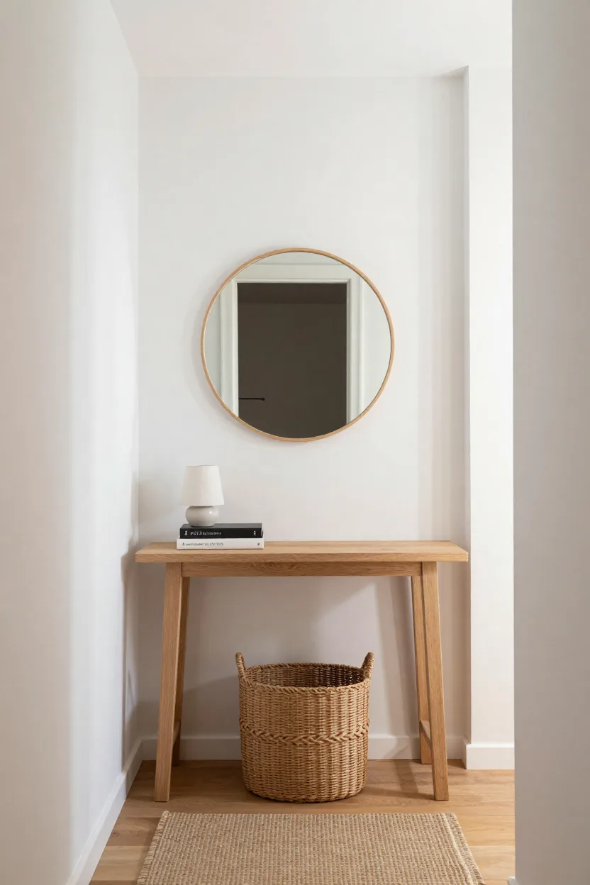 Narrow entryway with a slim light oak console table, round wood-framed mirror above, small ceramic lamp, two stacked books and a woven basket underneath on a jute runner rug