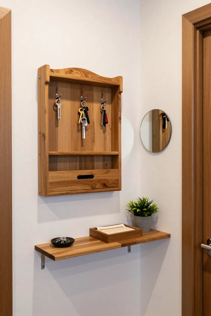 Wall-mounted wooden key organizer with hooks and a mail slot, small round mirror beside it, slim shelf below with a key dish and letter tray and a small plant