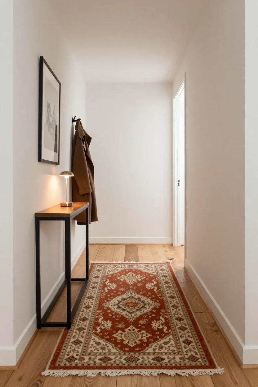 Long narrow hallway with a rust-and-cream vintage-style runner rug, a slim black console with a framed print above, a coat on a wall hook and warm lamp light