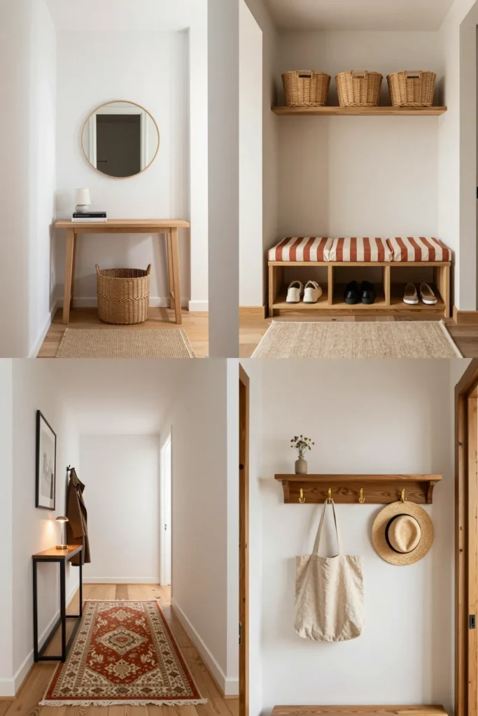 Collage of small entryway decor ideas: slim console with round mirror, bench with shoe storage, rust runner rug and a wall of hooks