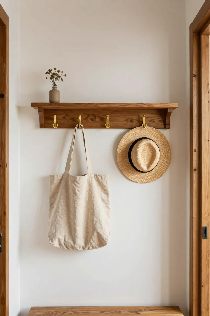 Wooden rail with brass hooks holding a linen tote bag and a straw hat, with a slim shelf above and a small vase of dried flowers