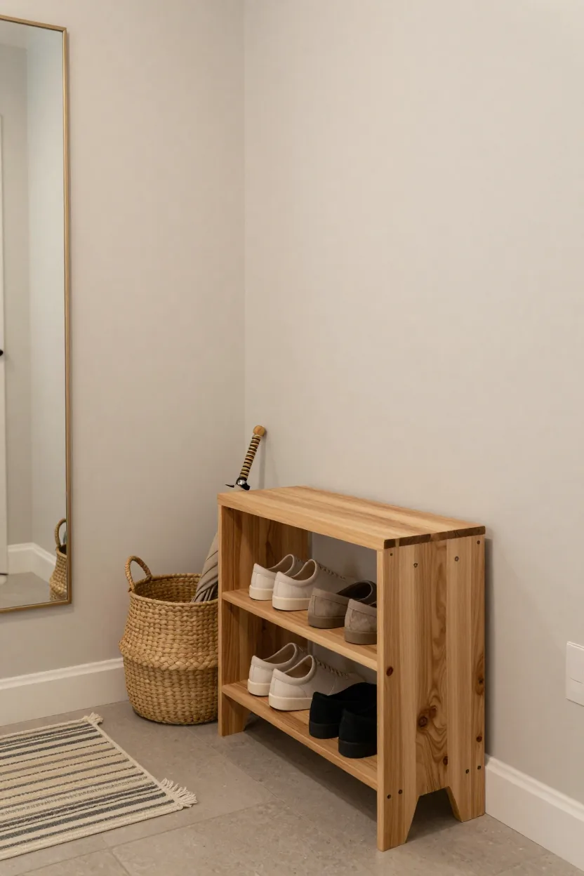Three-tier light wood shoe rack with neutral shoes, a woven umbrella basket beside it, a small striped rug and the edge of a tall mirror