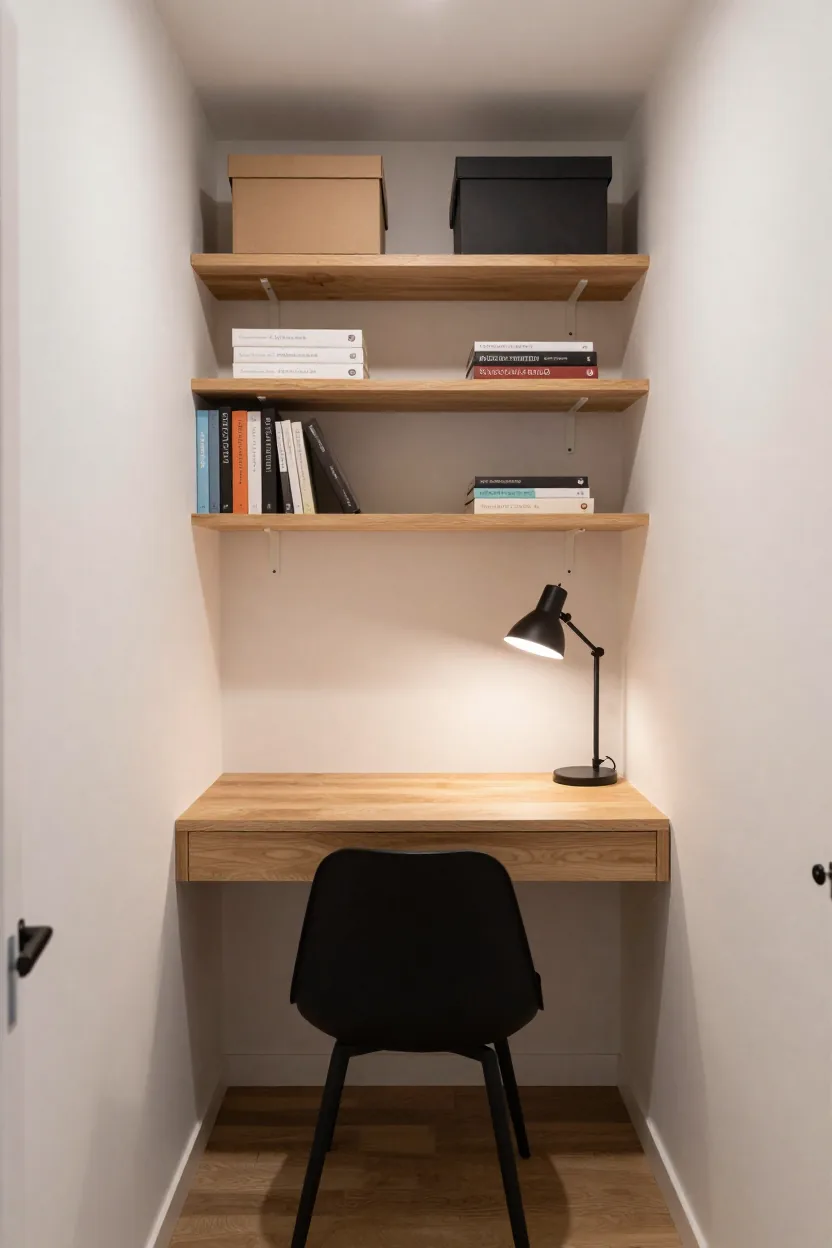 Tiny office nook in a wall recess with a built-in oak desk, two floating shelves holding books and boxes, a compact black chair and a small task lamp