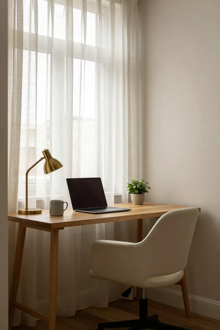 Small home office with a slim light oak desk under a window with a sheer linen curtain, a cream desk chair, a small brass task lamp, a laptop, a ceramic mug and a tiny potted plant