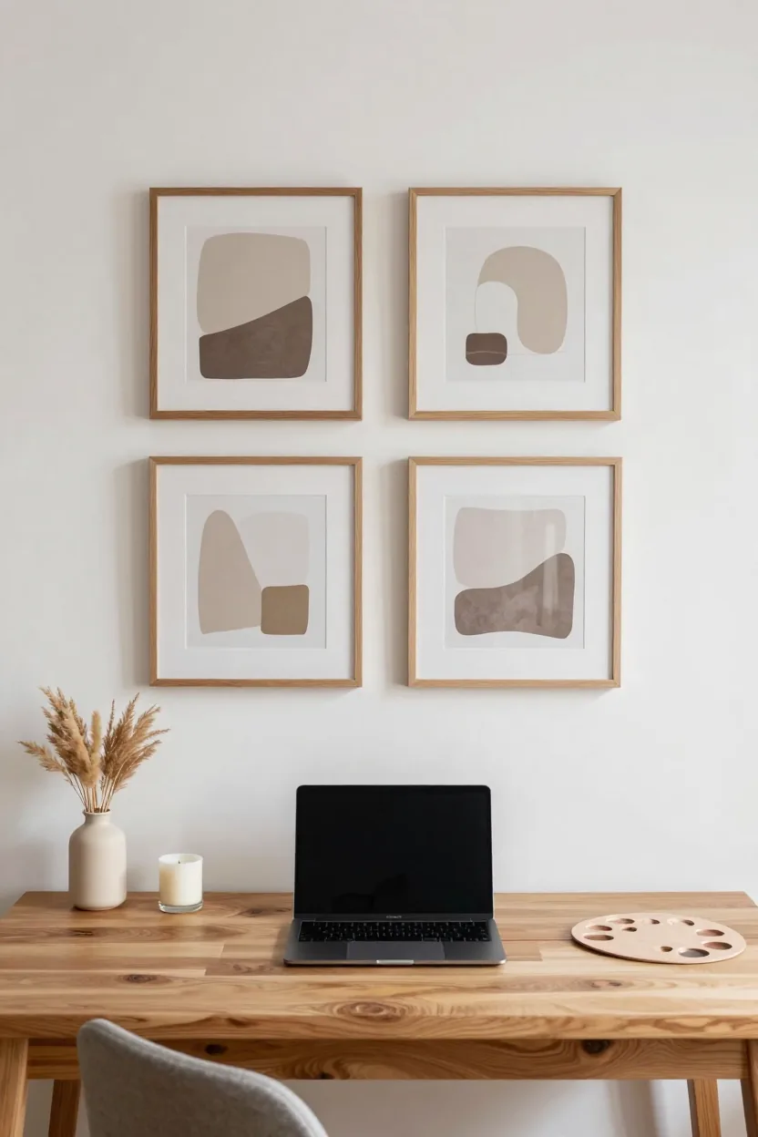 Desk against a warm white wall with four framed neutral abstract prints above it, a closed laptop, a candle and a small vase with dried grass