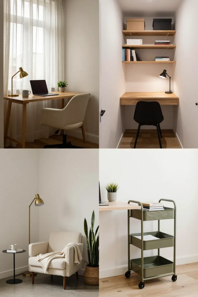 Small home office ideas in a 2x2 collage: a desk by a window, a tiny closet nook office, a reading corner with a boucle armchair and an olive-green rolling cart
