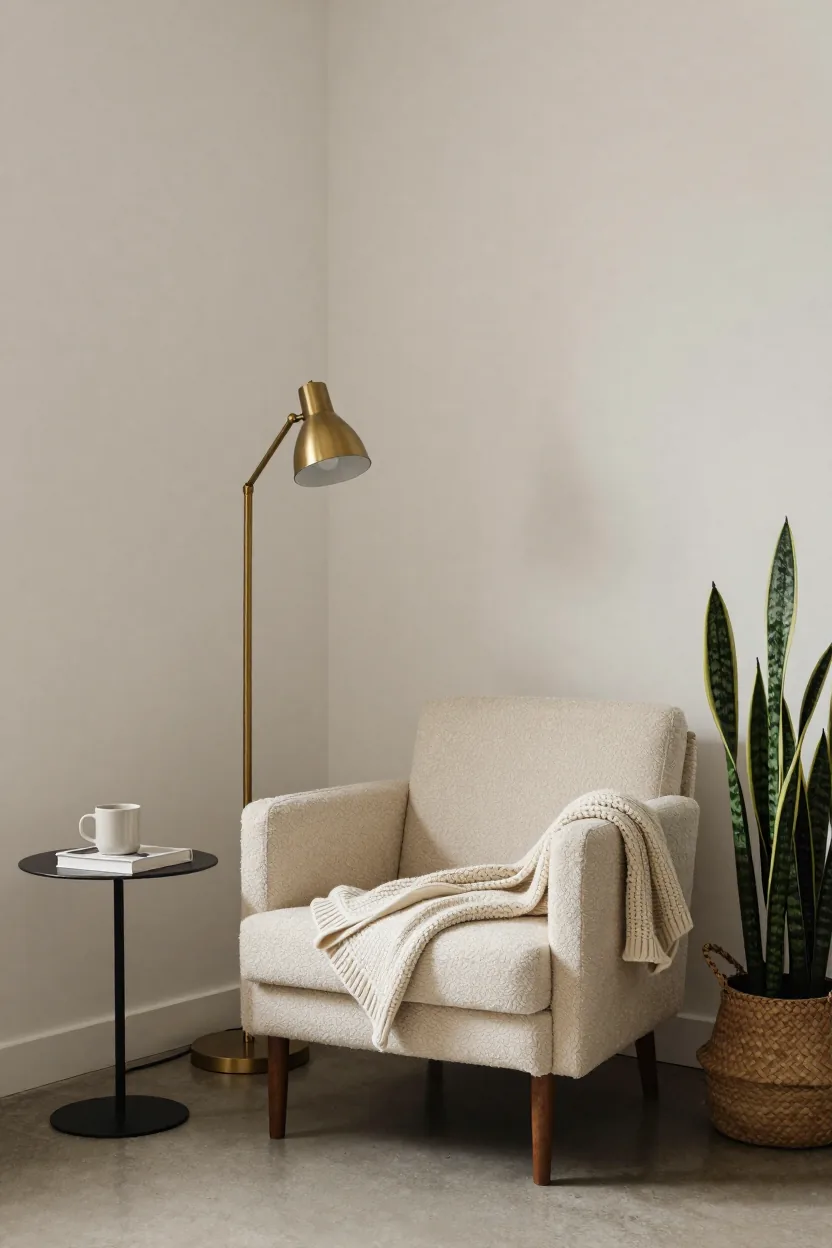 Reading corner with a cream boucle armchair, a knitted throw, a slim brass floor lamp, a small round side table with a mug and a book, and a large snake plant in a woven basket