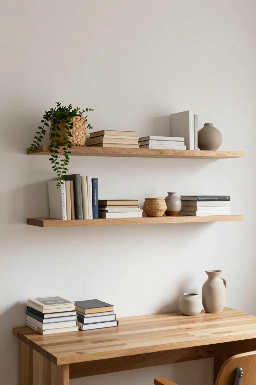 Two floating oak shelves above a small desk with book stacks, woven baskets, a trailing plant and a few ceramic objects