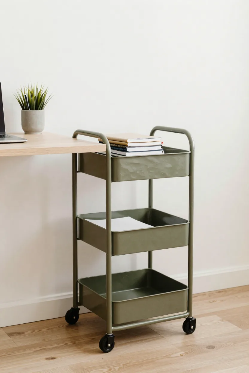 Slim olive-green rolling metal cart beside a desk with notebooks, pens in a cup, paper trays and a small plant