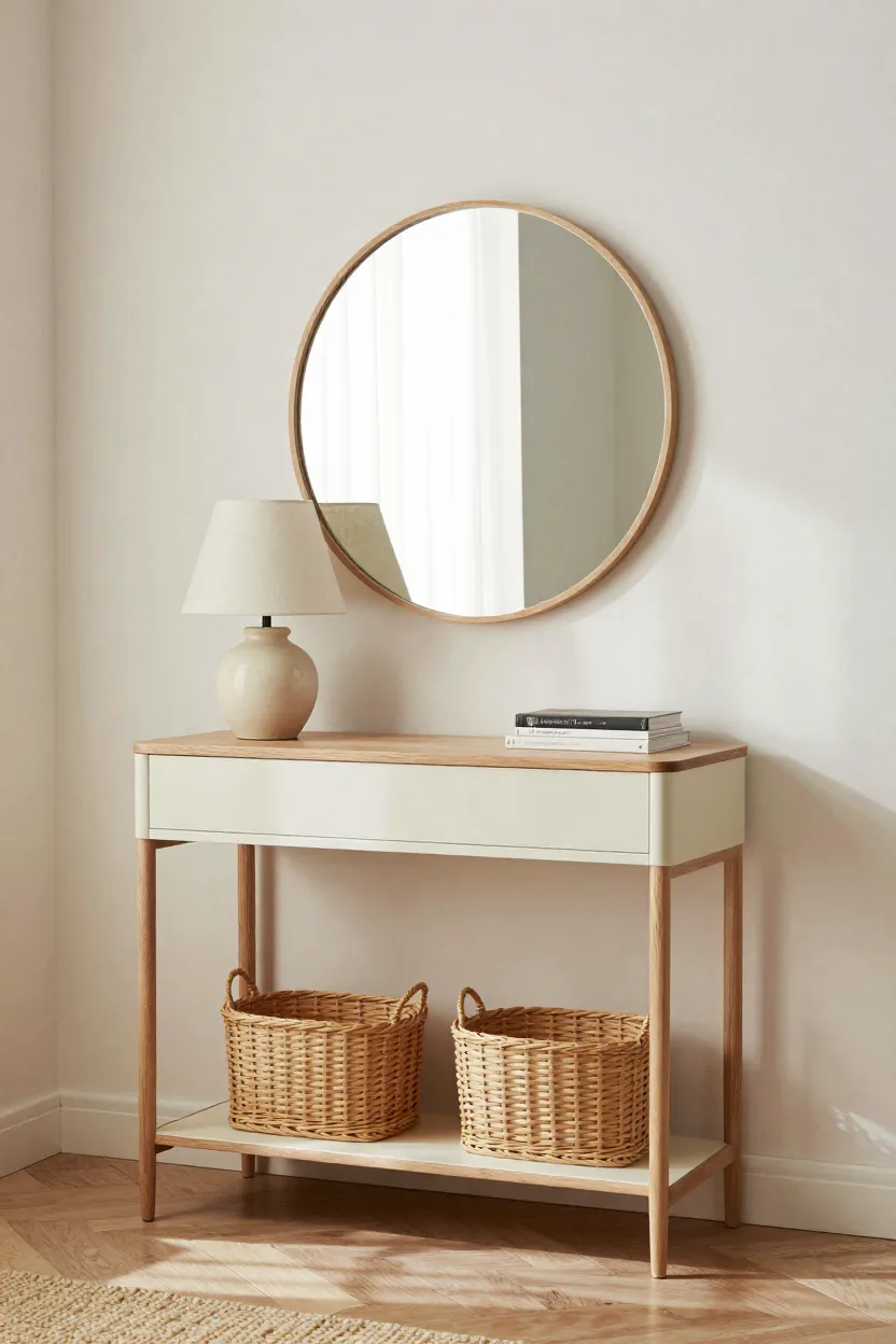 Narrow wood console under a round mirror with a small lamp and a ceramic vase in a small living room