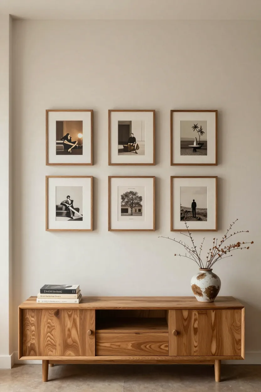 Gallery wall of black frames above a low white sideboard with a lamp in a small living room