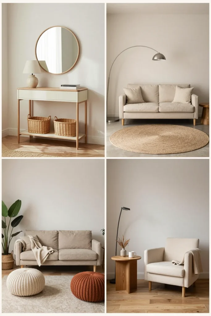 Small living room ideas in a 2x2 collage: a narrow console with a round mirror, a small loveseat with an arc lamp, a window bench nook and a reading corner