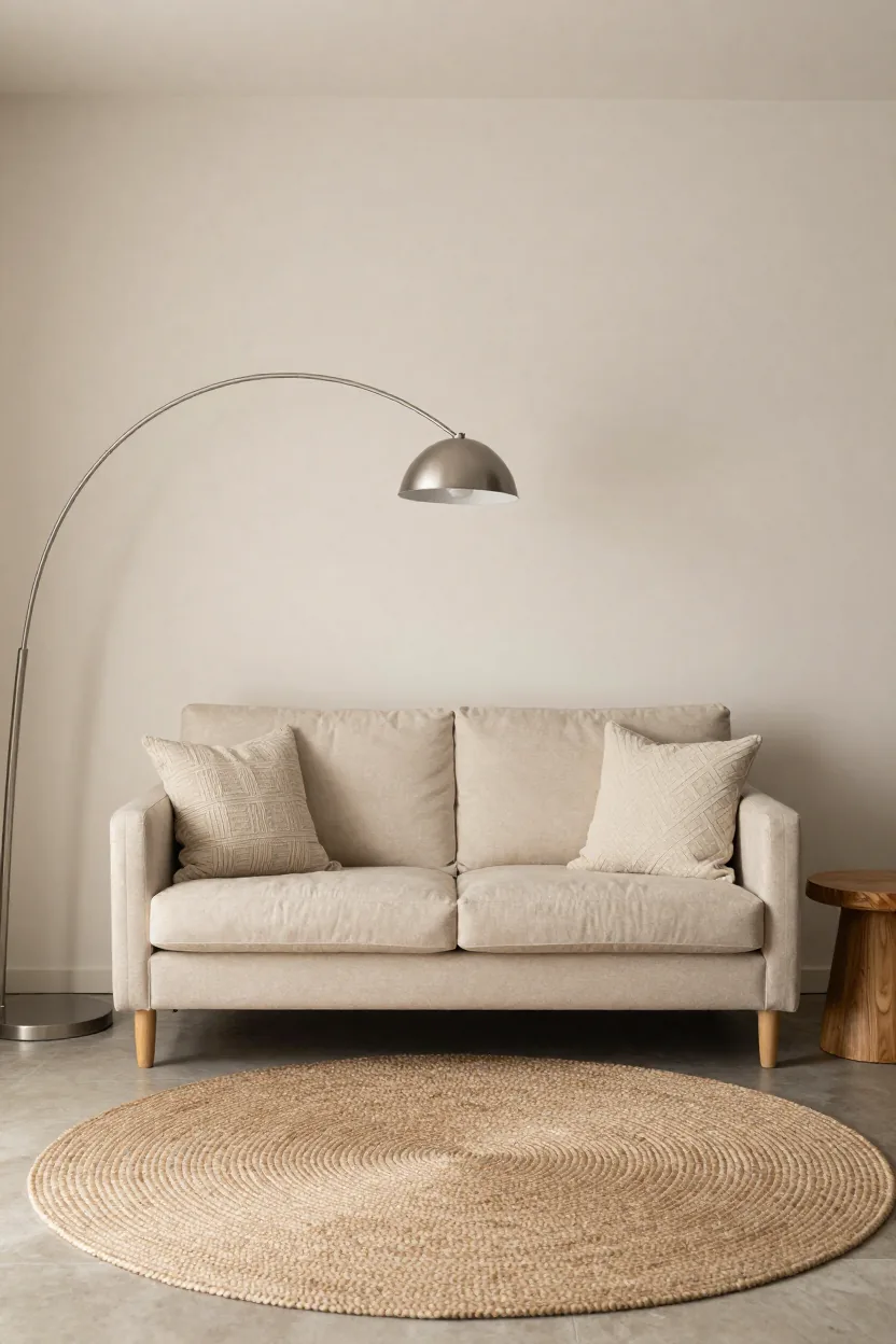 Small apartment living room with a cream loveseat, a jute rug under the front legs and a black arc floor lamp
