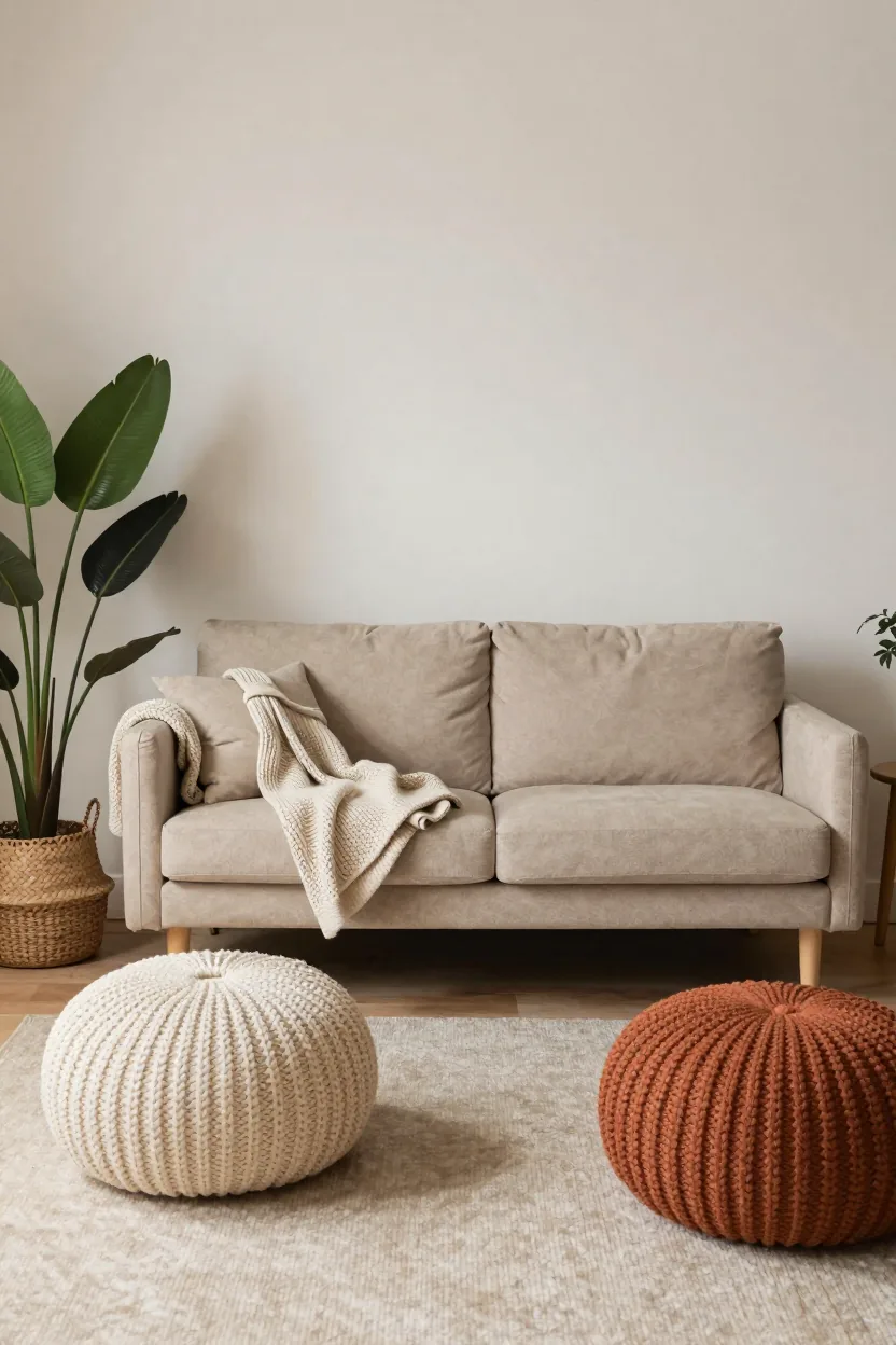 Two neutral round poufs with a wooden tray next to a small loveseat in a cozy small living room
