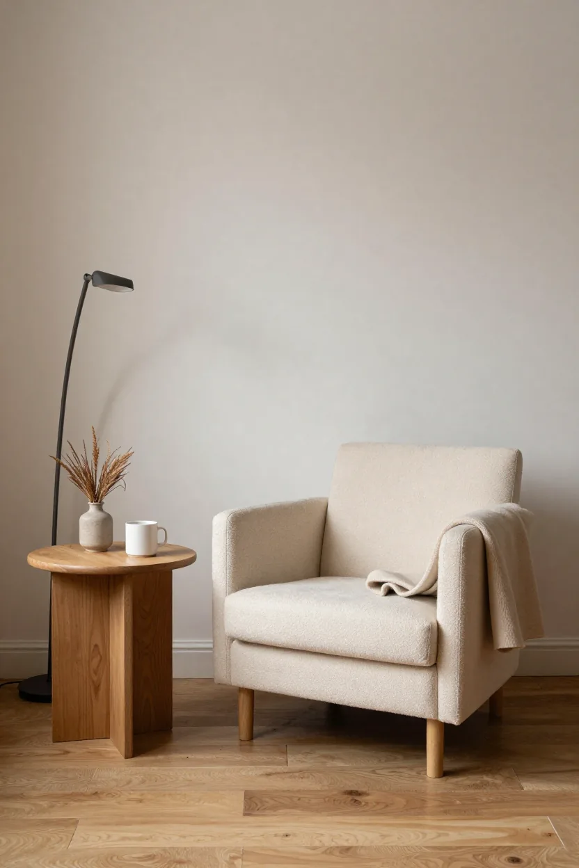 Reading corner with a small armchair, slim floor lamp and a round side table in a small living room