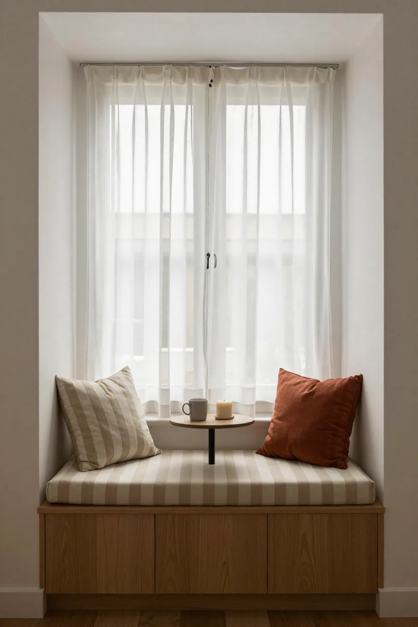 Window bench nook with a linen cushion, two pillows and sheer curtains in a small living room